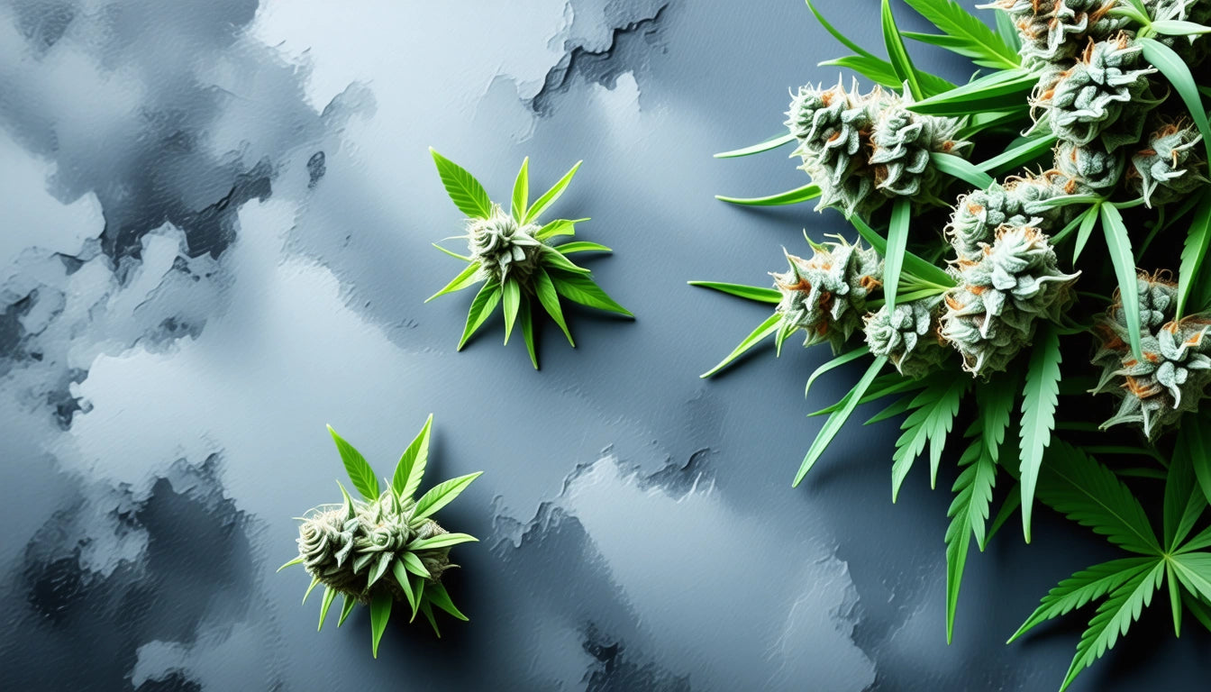 Green leafy plants with spiky buds on a textured gray surface