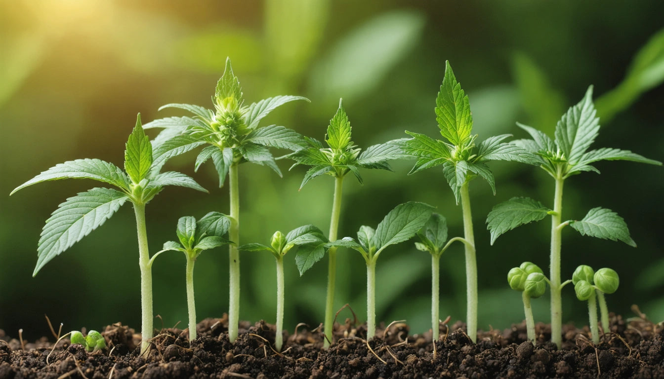 Seven young green plants with slender stems and leaves growing in dark soil, with soft sunlight in the background