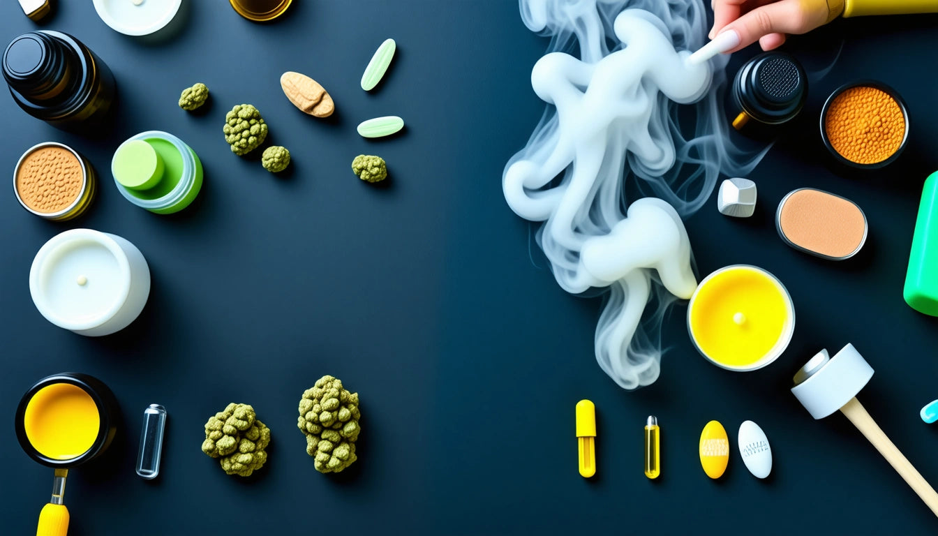 Glass dab rig and traditional smoking pipe on wooden table with cannabis concentrate and flower, lit by soft angled lighting