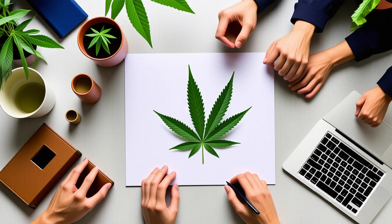 Hands around a table with a large green leaf on paper, potted plants, a laptop, and a cup