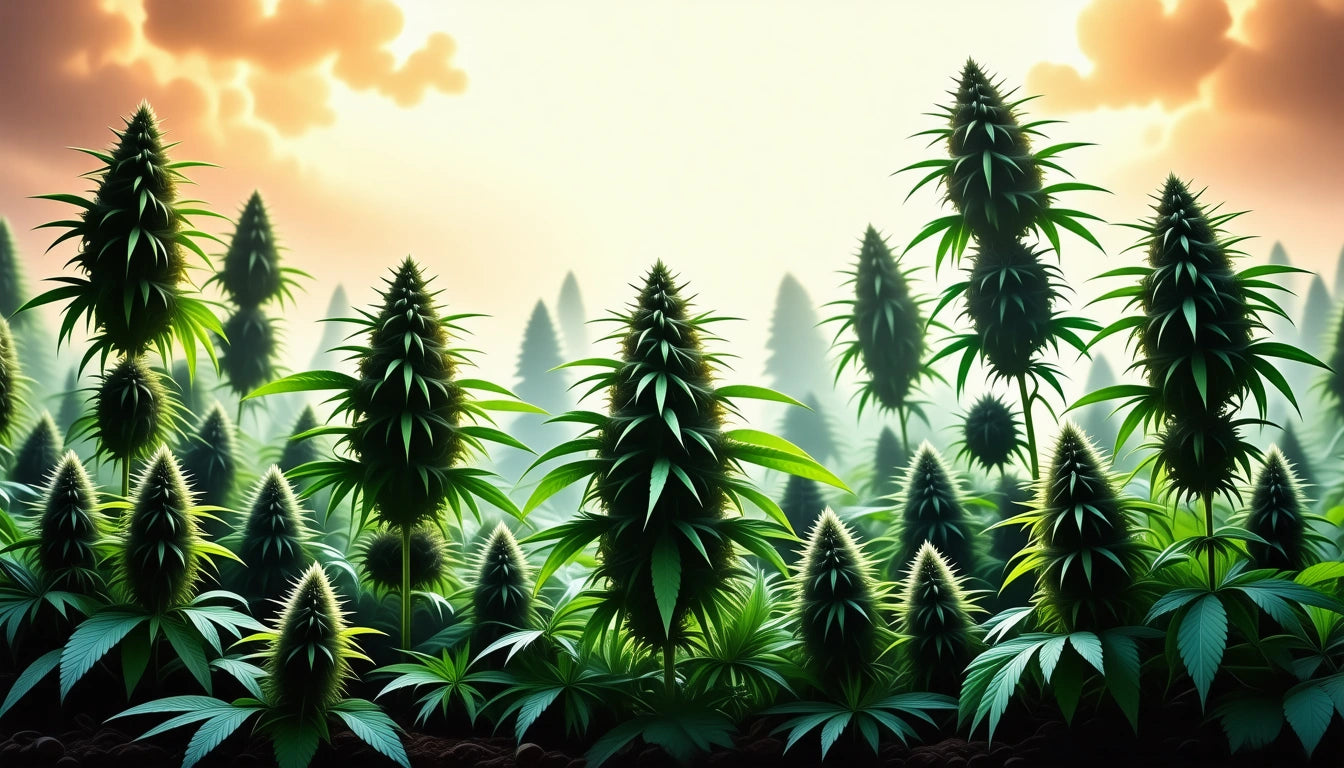 Dense cluster of tall, green plants with pointed leaves under a bright sky with orange clouds