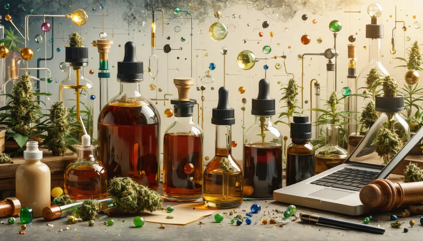 Various glass bottles with droppers, some filled with amber liquid, surrounded by green plants and a laptop on a cluttered table