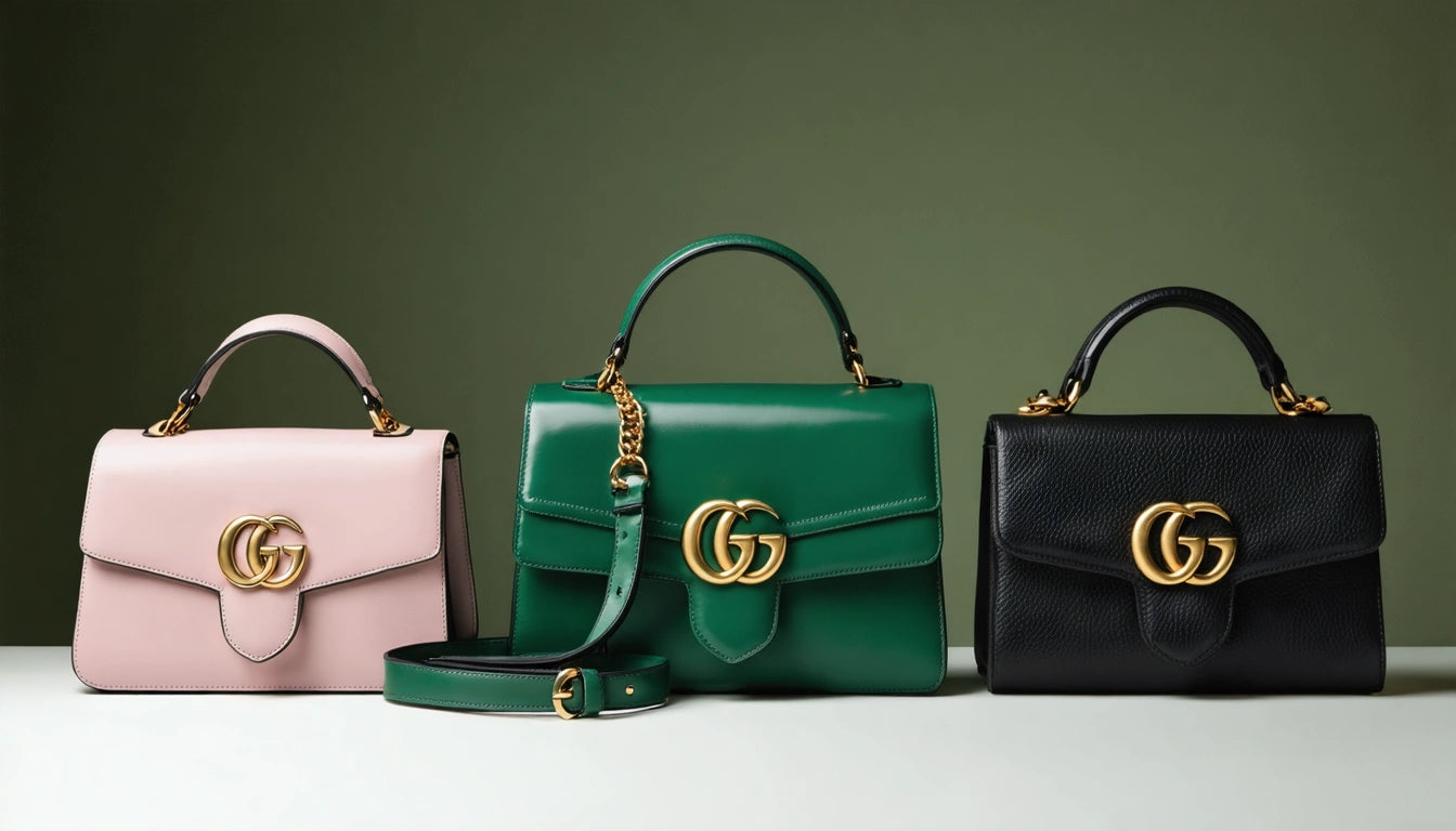 Three handbags on a white surface: pink, green, and black, each with gold clasps and handles, against a green background