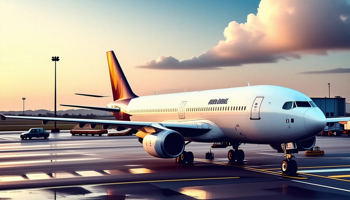 White airplane on wet runway at sunset, with orange and blue sky, fluffy clouds, and airport lights in the background