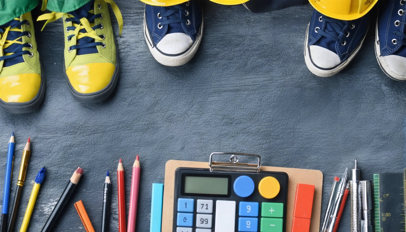 Yellow and blue shoes on a dark surface, colorful pencils, pens, and a calculator with sticky notes below