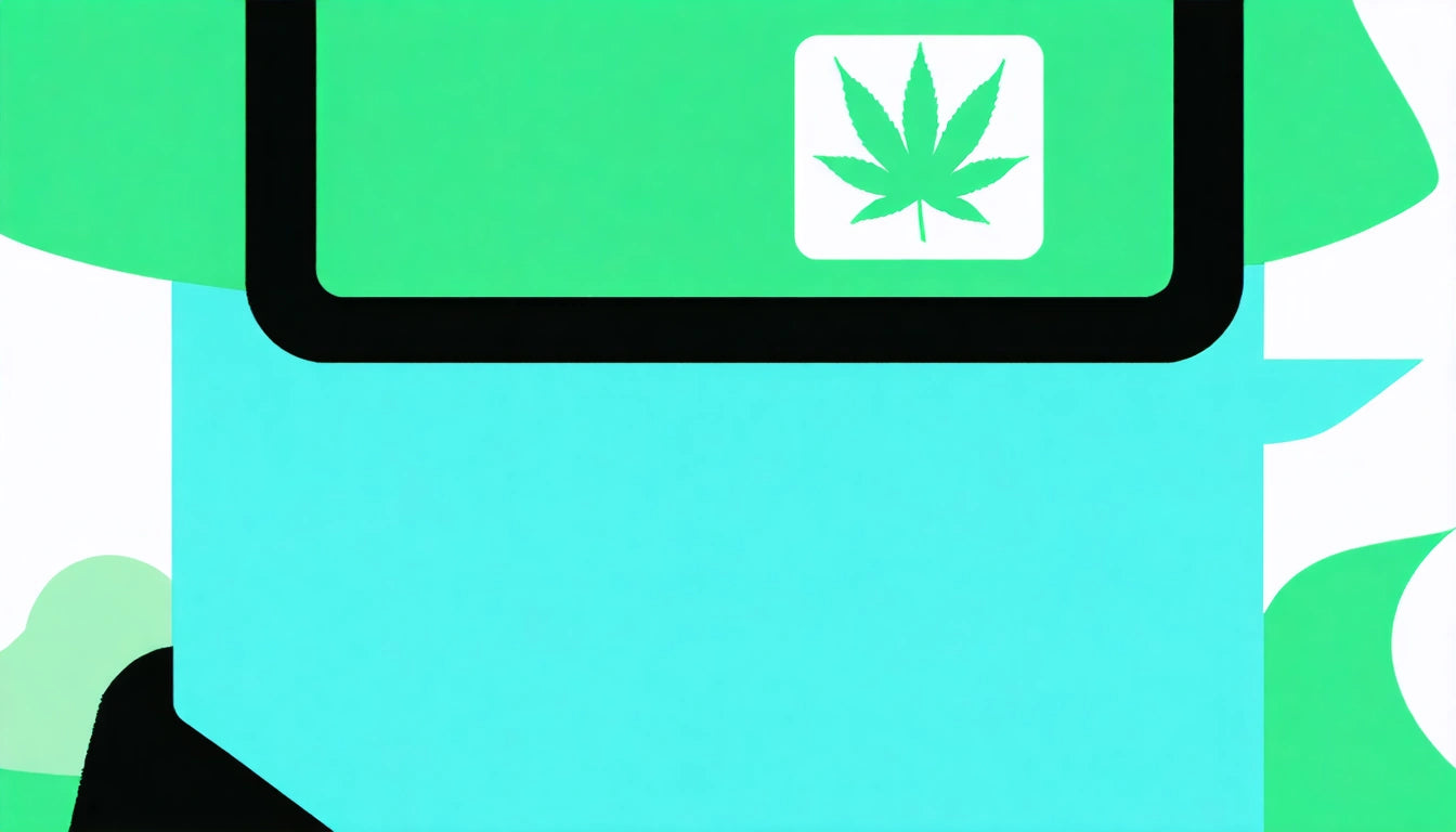 Green and blue abstract shapes with a black border; a green square with a white cannabis leaf icon