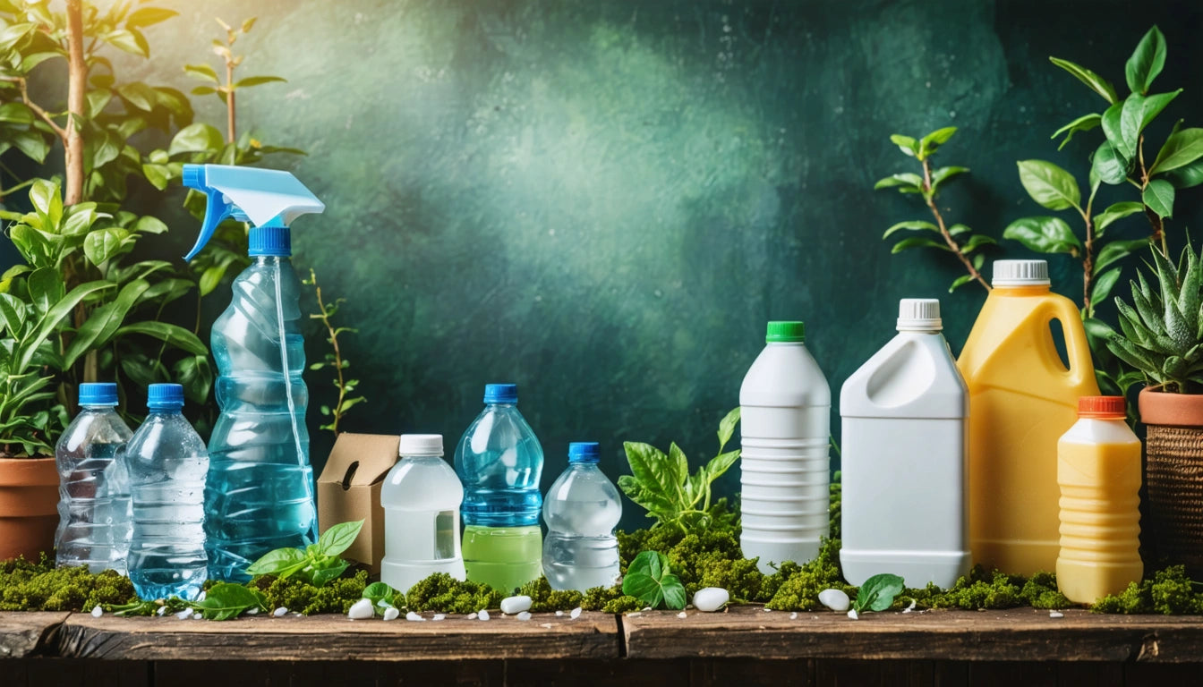 Various plastic bottles and containers on a wooden surface, surrounded by green plants and small white stones
