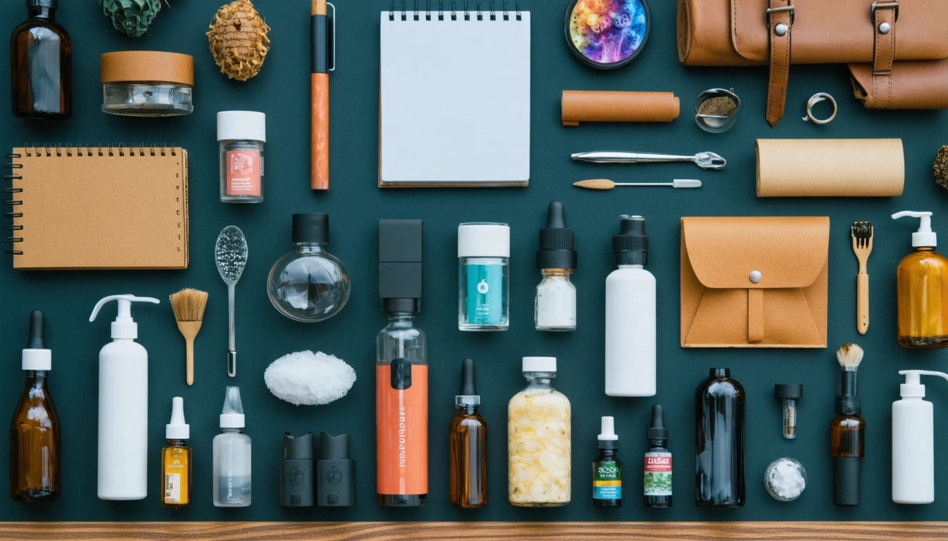 Various bottles, notebooks, and grooming tools arranged neatly on a dark surface, with leather pouches and colorful items