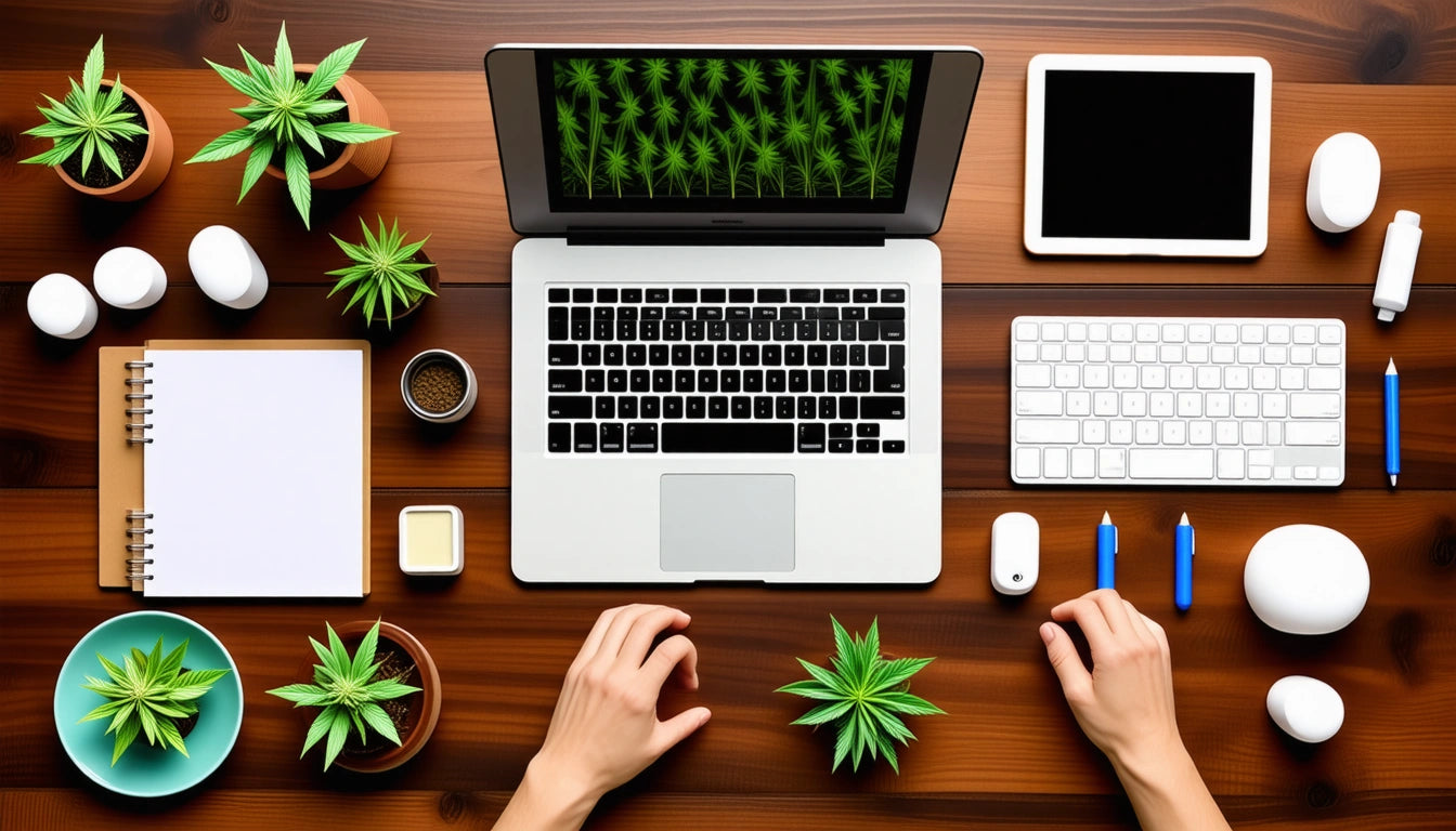 Hands typing on a laptop with a green leaf pattern on the screen, surrounded by potted plants, a tablet, and office supplies