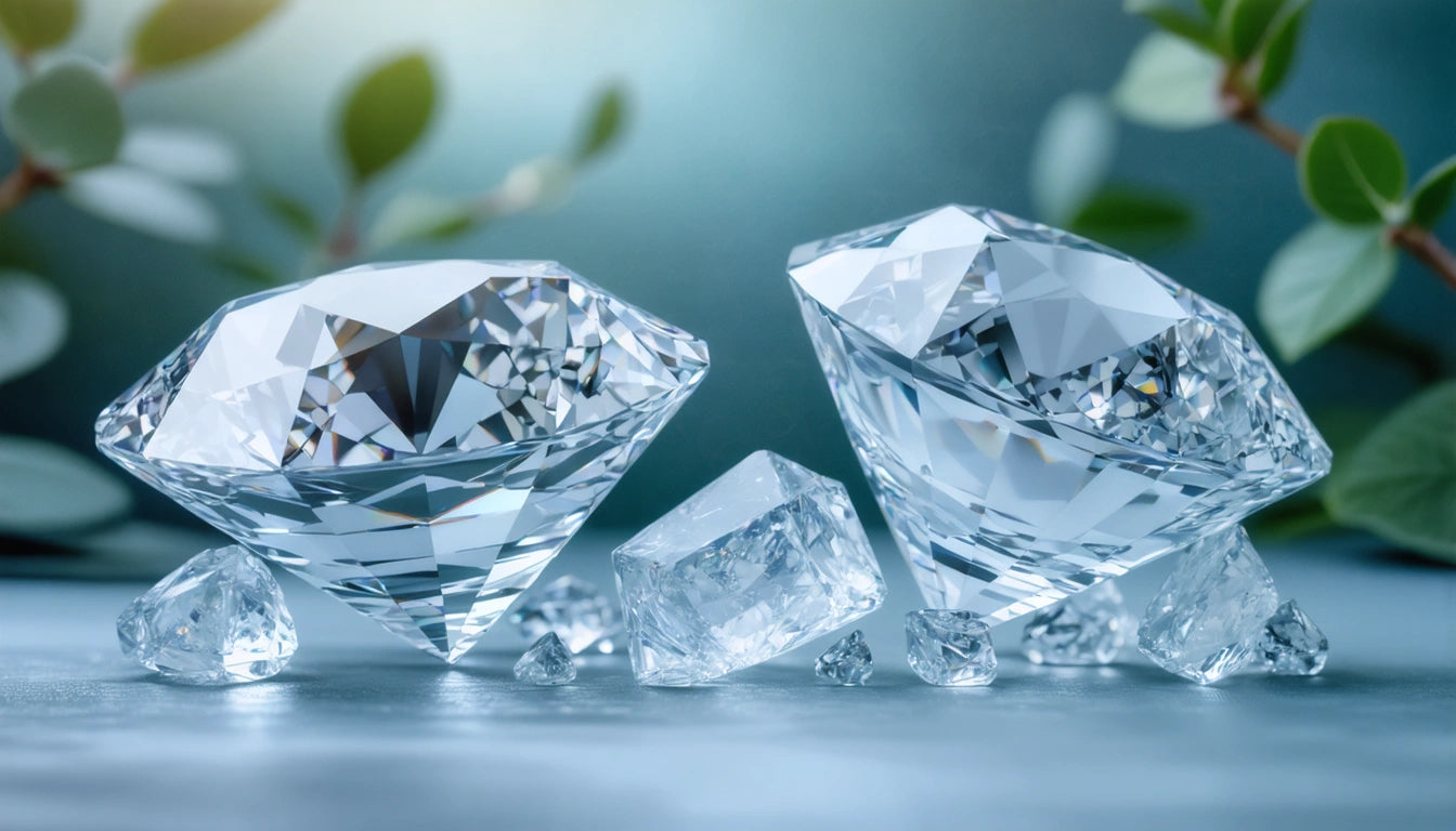 Two large cut diamonds and several smaller ones on a reflective surface, with blurred green leaves in the background