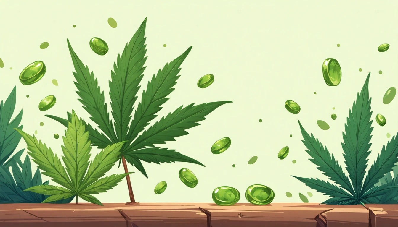 Green leaves and capsules floating against a light background, with wooden surface at the bottom