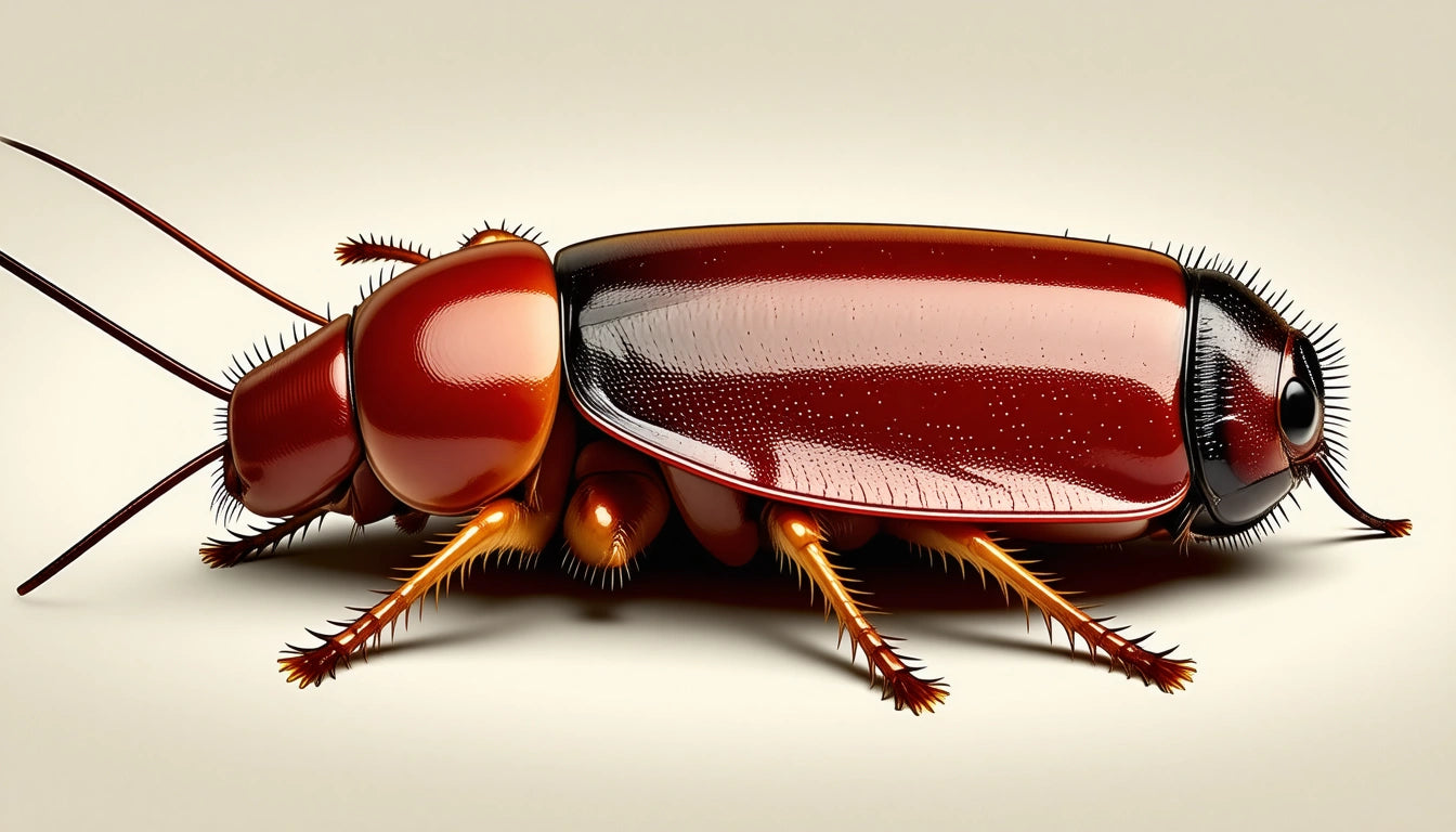 Shiny red and brown cockroach with detailed legs and antennae on a light background