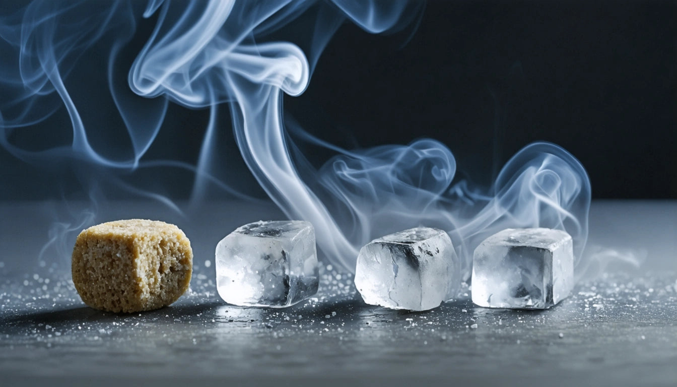 Sugar cube and three ice cubes on a surface, with swirling smoke rising above them against a dark background