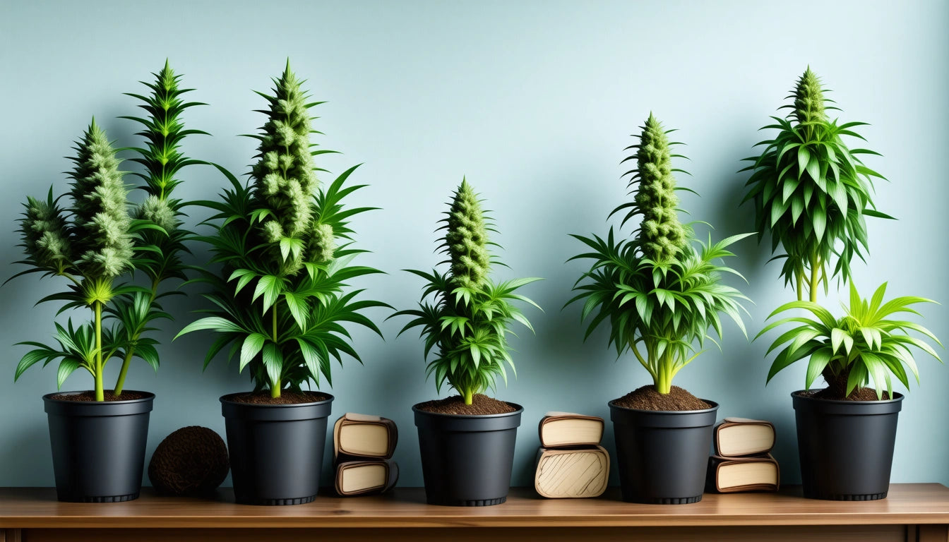 Five potted plants with dense green foliage on a wooden shelf, surrounded by stacked books against a light blue wall