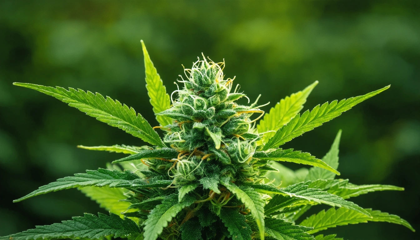 Green plant with pointed leaves and a dense, spiky bud in the center, set against a blurred green background