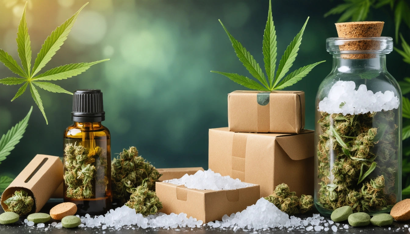 Glass jar with green buds, brown boxes, amber bottle, and scattered salt crystals on a dark surface with green leaves