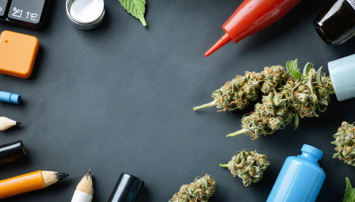 Dried plant buds, markers, pencils, and bottles scattered on a dark surface