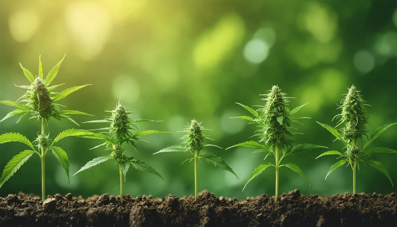 Five cannabis plants in a row on soil, with green leaves and buds, against a blurred green and yellow background