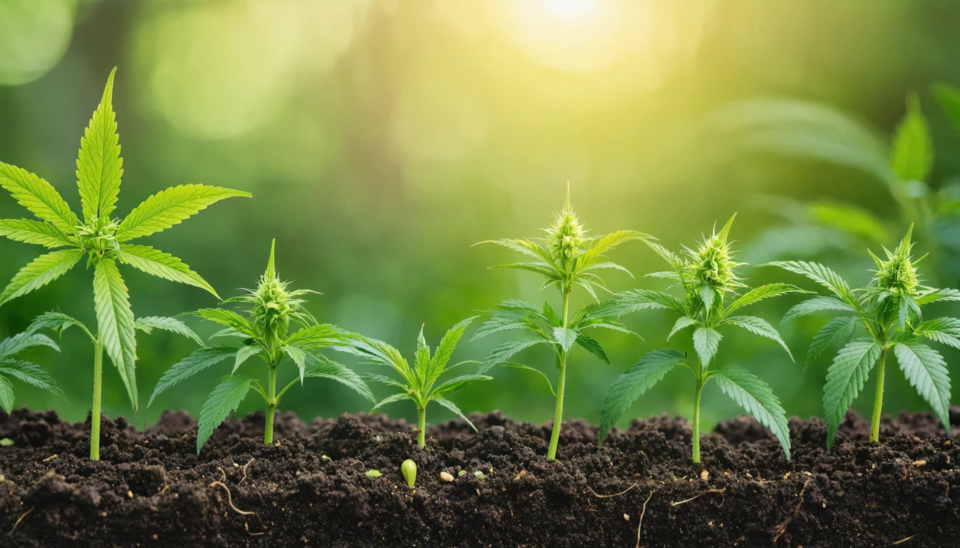 Five young green plants growing in dark soil with a blurred green background and bright sunlight