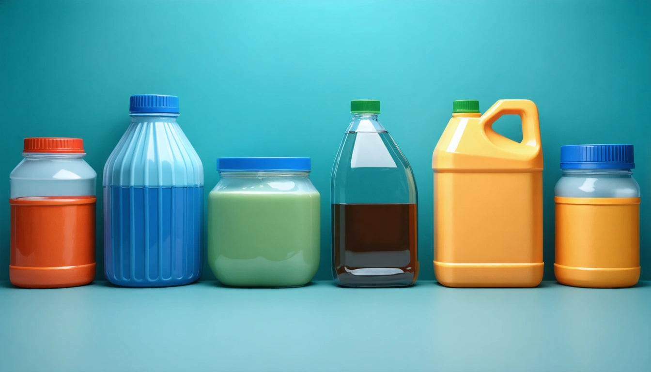 Six colorful plastic bottles and jars with different shapes and sizes against a teal background