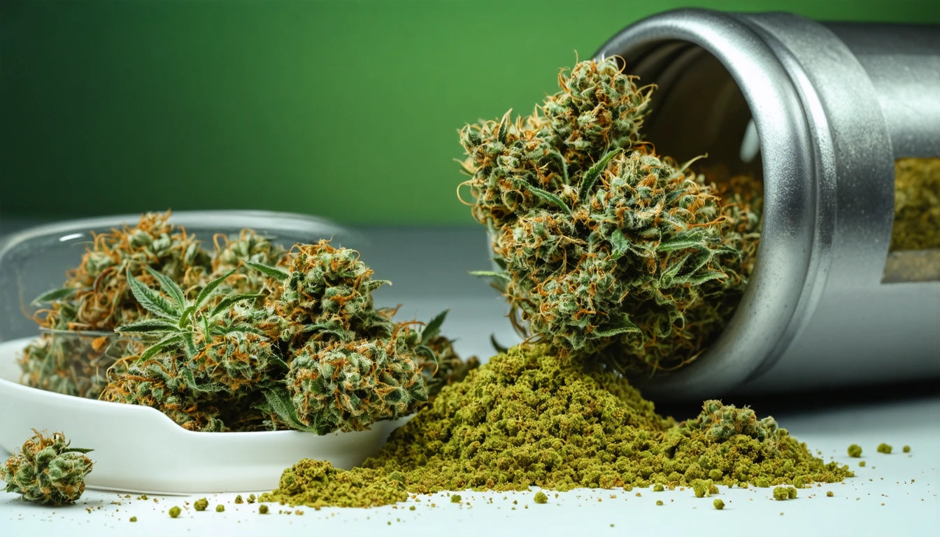 Metal container tipped over, spilling green and orange plant buds and powder onto a white surface, against a green background