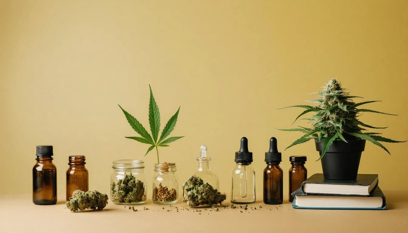 Glass jars with green buds, brown dropper bottles, and a potted plant on books against a yellow background