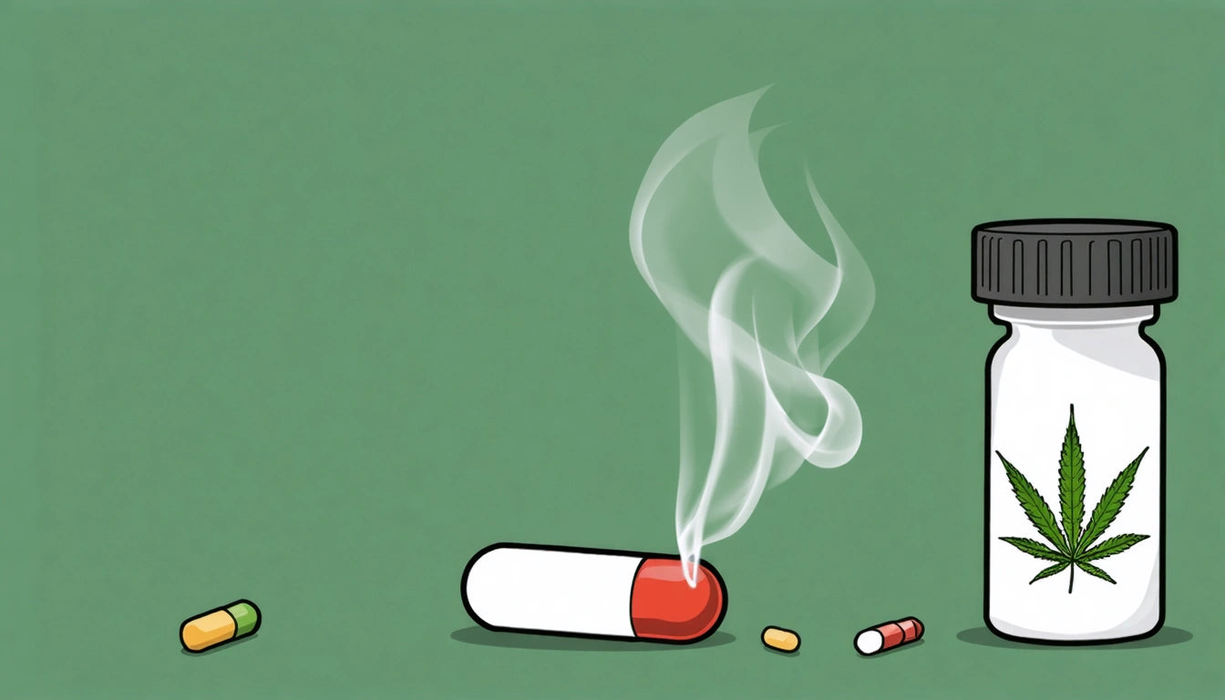 Three pills and a smoking capsule next to a bottle with a cannabis leaf on a green background