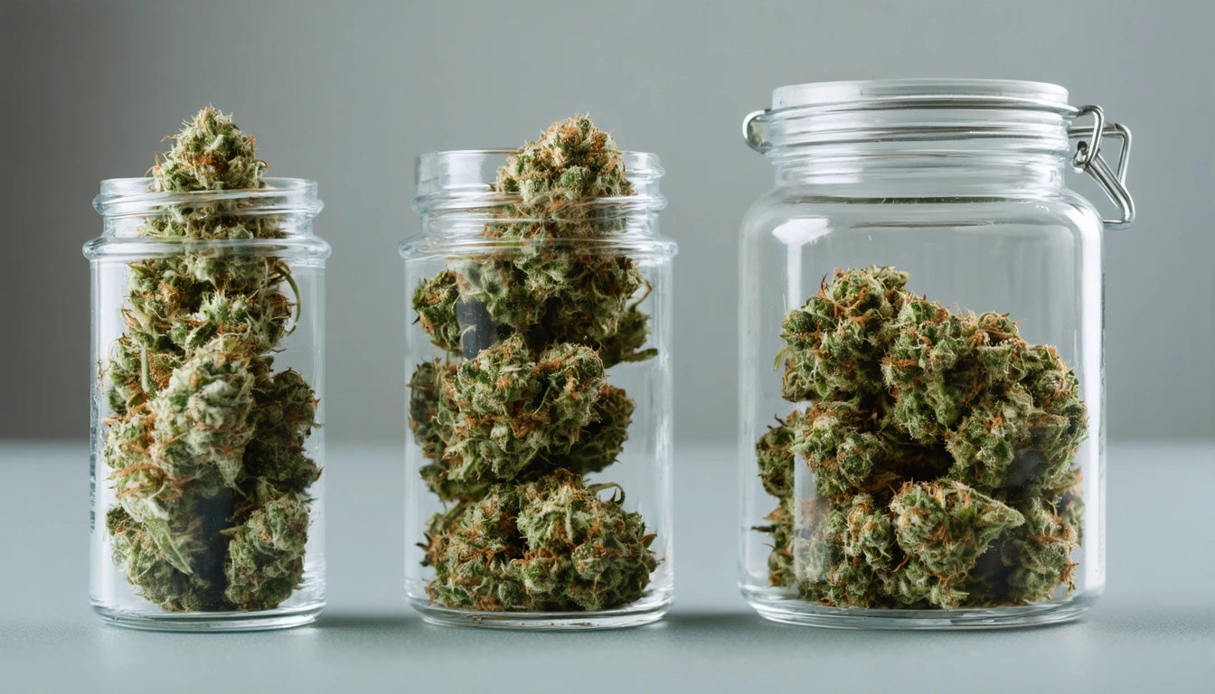 Three glass jars filled with dense, green and orange plant buds on a gray surface