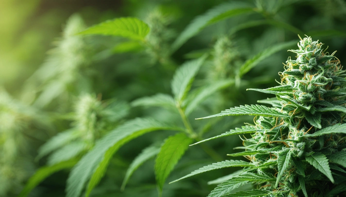 Green plant with pointed leaves and dense, spiky clusters, set against a blurred green background