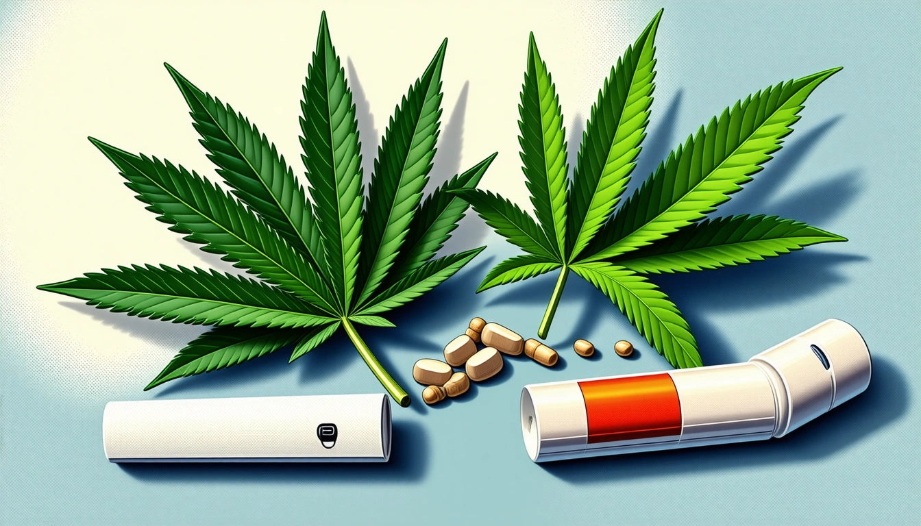 Two large green leaves, scattered pills, and two cylindrical containers on a light blue surface