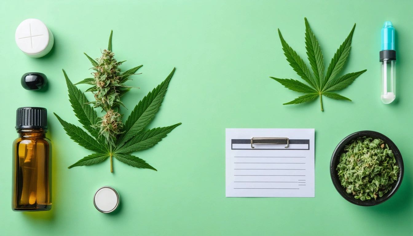 Brown bottle, cannabis leaves, buds, pills, dropper, and clipboard on light green background