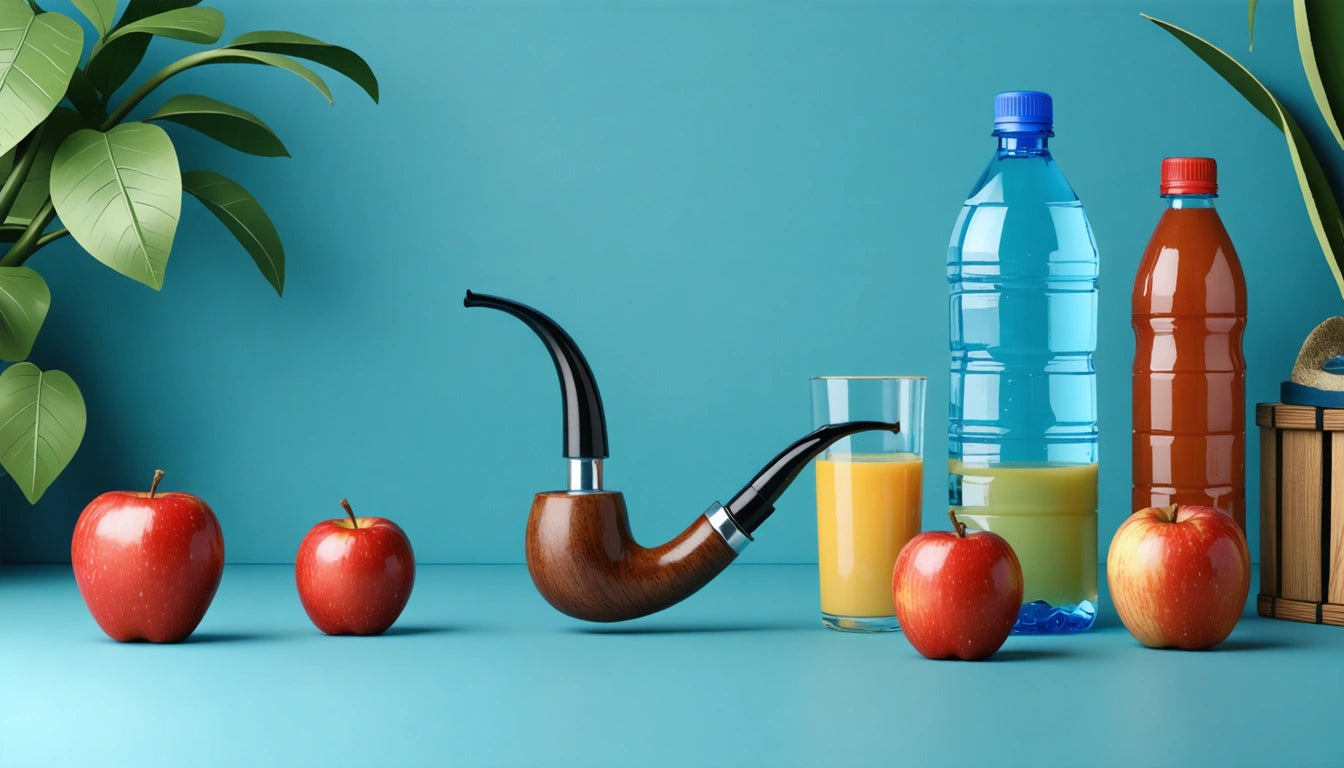 Three red apples, a wooden pipe, glass of orange juice, blue and red bottles, and green plant against a blue background