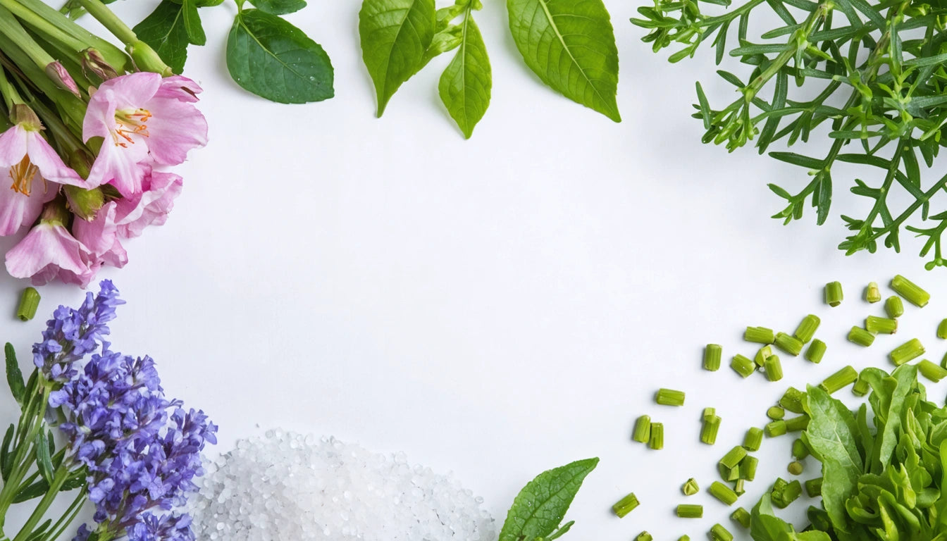 Pink and purple flowers, green leaves, salt, and chopped herbs on a white background