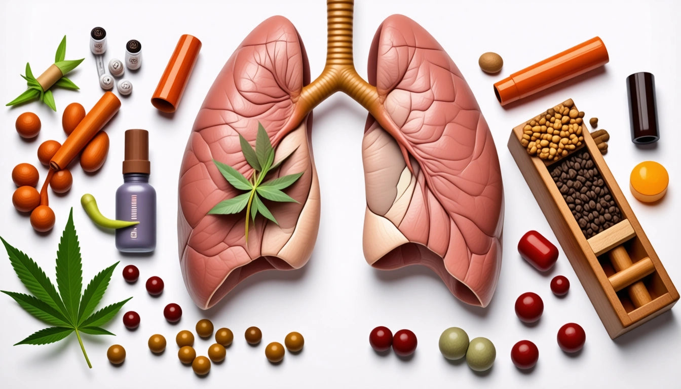 Human lungs illustration surrounded by pills, capsules, cannabis leaves, and a wooden box with seeds and herbs on a white background