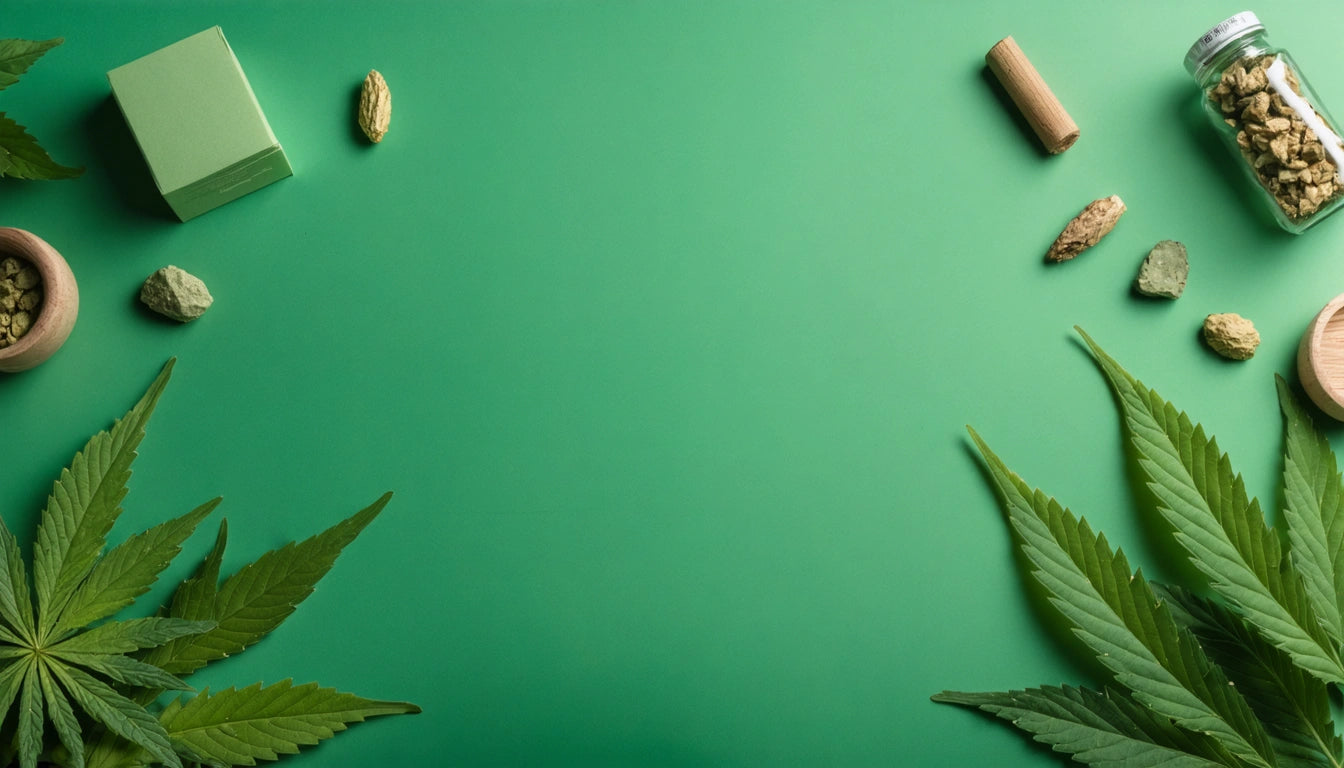 Green background with cannabis leaves at corners, small jars, and scattered buds