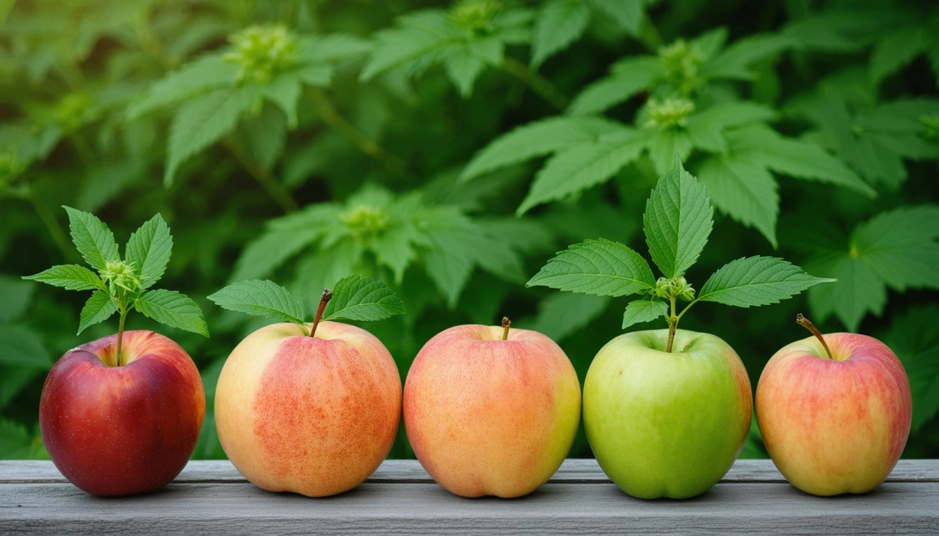 Five apples with leaves on a wooden surface, varying in red, pink, and green hues, with green foliage in the background