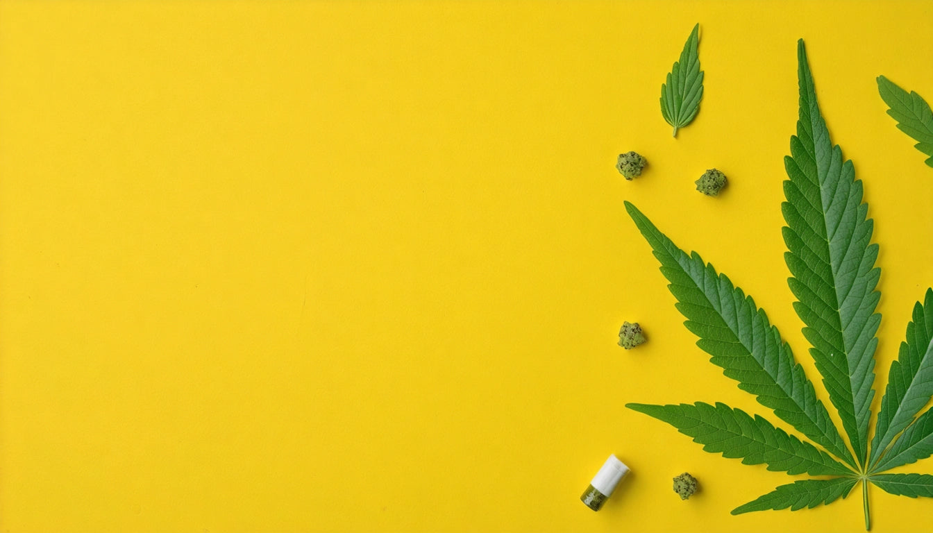 Large green leaf, small buds, and a small bottle on a bright yellow background