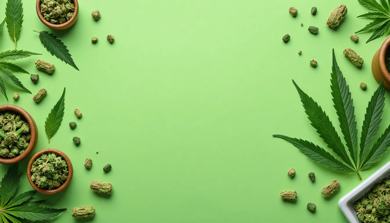 Green background with cannabis leaves and buds scattered along the edges, leaving the center empty