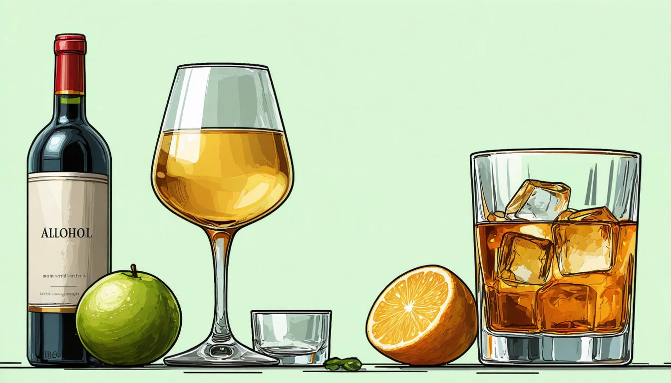 Wine bottle, filled wine glass, empty shot glass, green apple, sliced orange, whiskey glass with ice on light green background