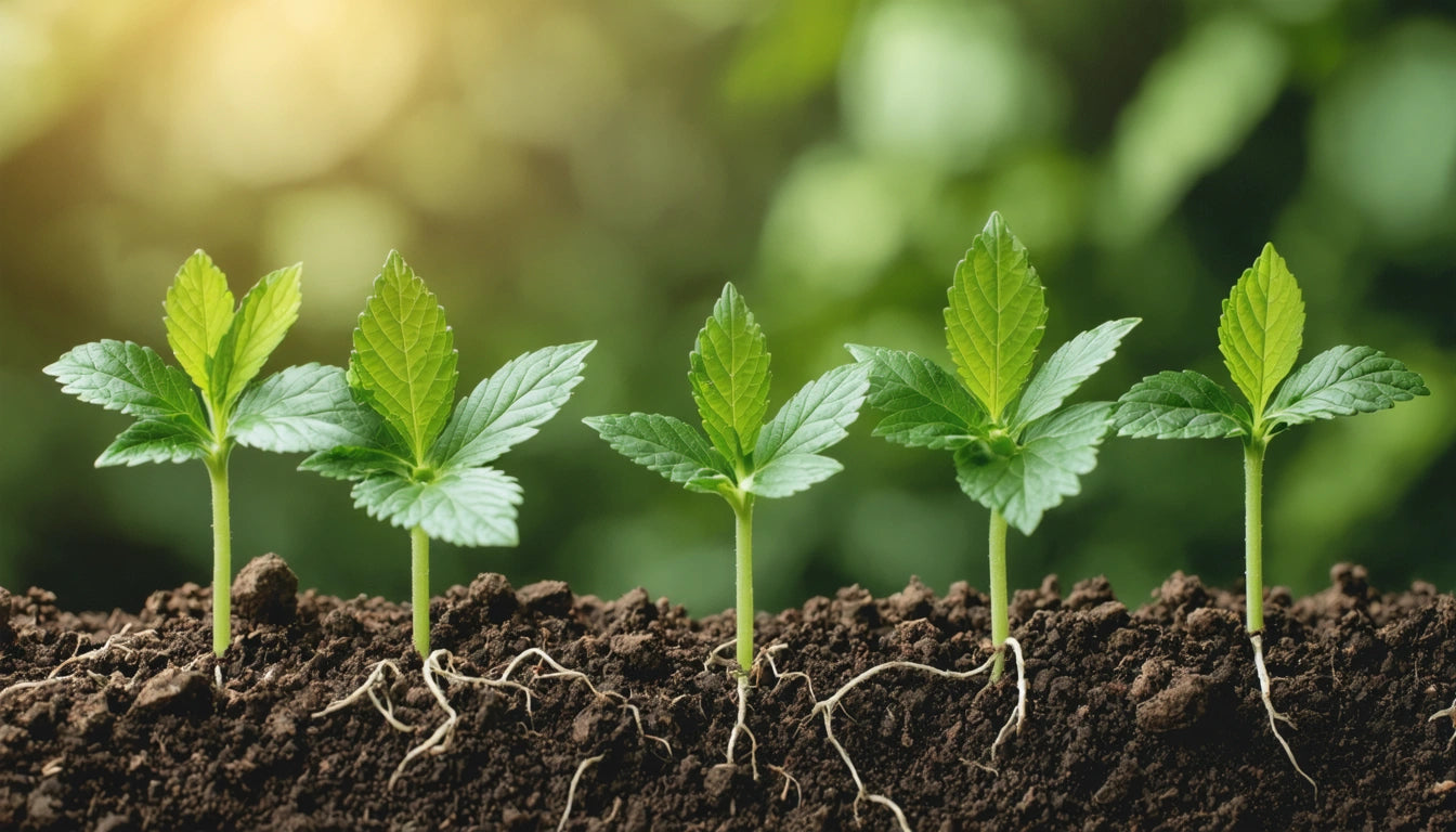 Five small green plants with visible roots growing in dark soil, blurred green background, sunlight from top left