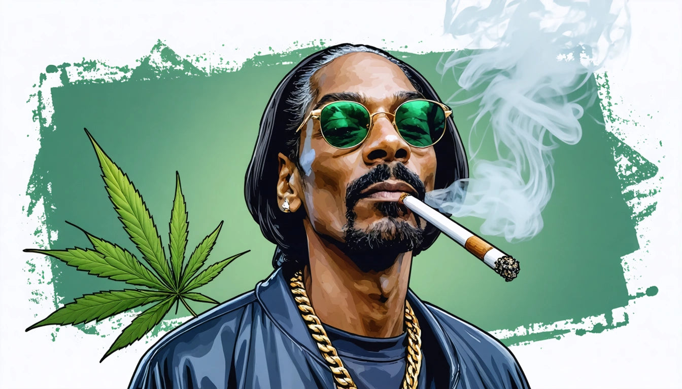 Man with sunglasses and gold chain smoking, with a green leaf and smoke against a green and white background