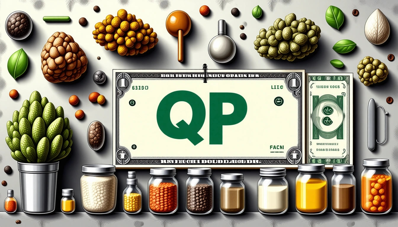 Jars with various spices and liquids below a large dollar bill with "QP" text, surrounded by beans and leaves