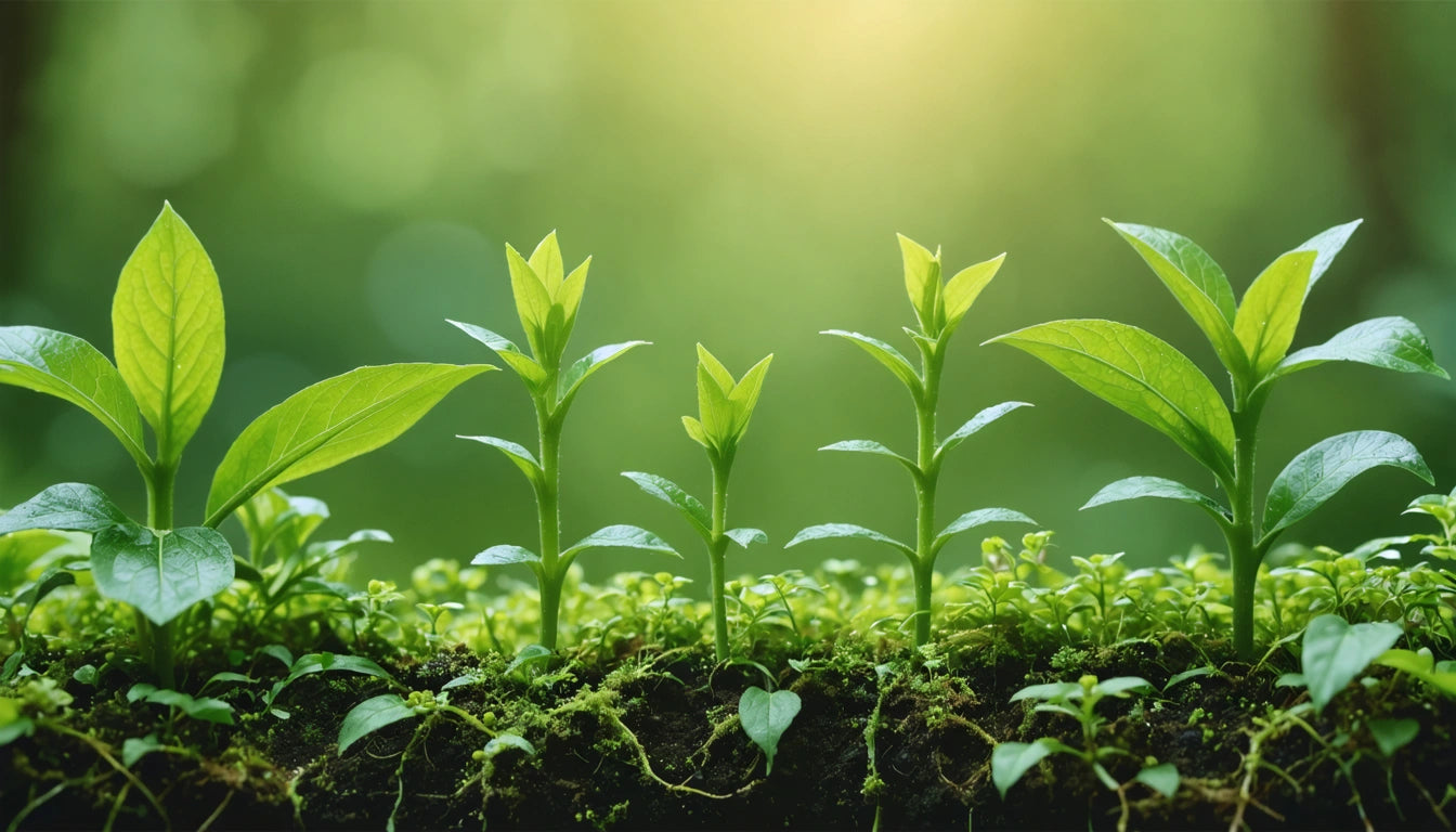 Five green seedlings growing in soil with a blurred green background and soft sunlight