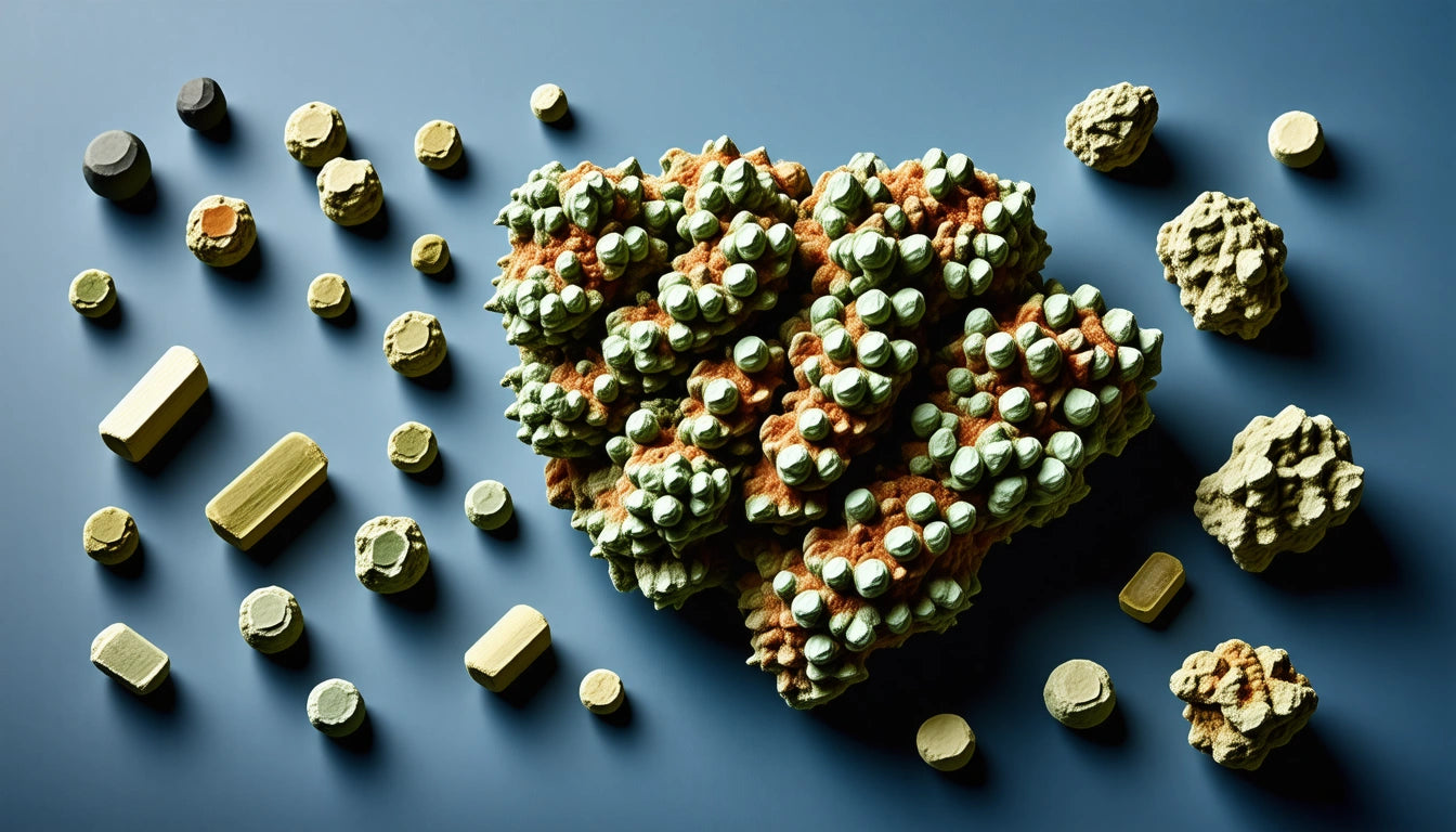 Cluster of textured, multicolored stones surrounded by variously shaped, smaller stones on a smooth, dark surface