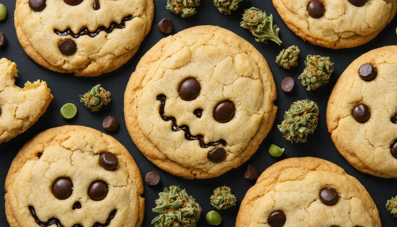 Cookies with chocolate chip faces and icing smiles, surrounded by small green buds and chocolate chips on a dark surface