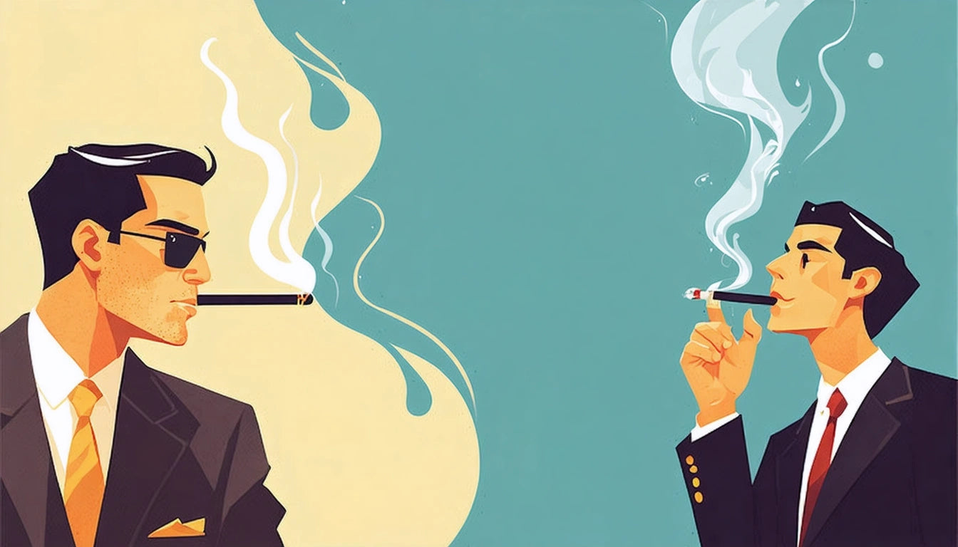 Two men in suits smoking cigars, facing each other. One wears sunglasses. Smoke swirls upward against a split teal and beige background