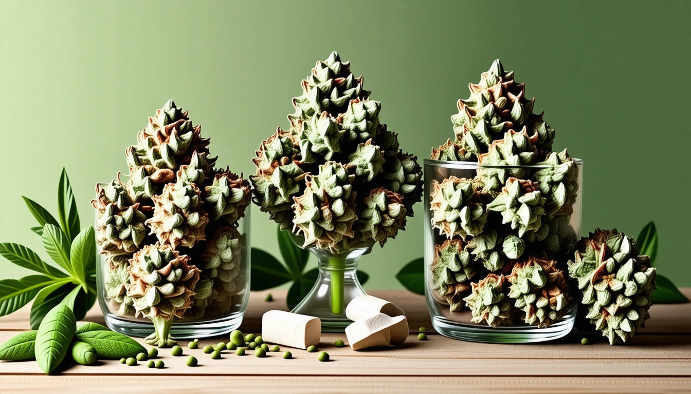 Three glass containers filled with spiky, pinecone-like objects on a wooden surface, surrounded by green leaves and capsules