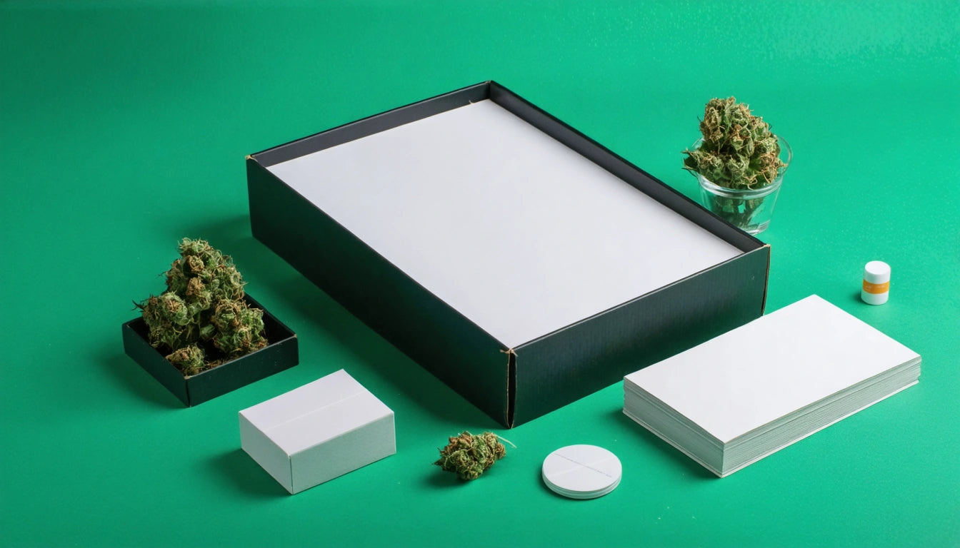Black box with white lid, small black tray with green buds, glass with buds, white cards, circular object, pill bottle on green surface
