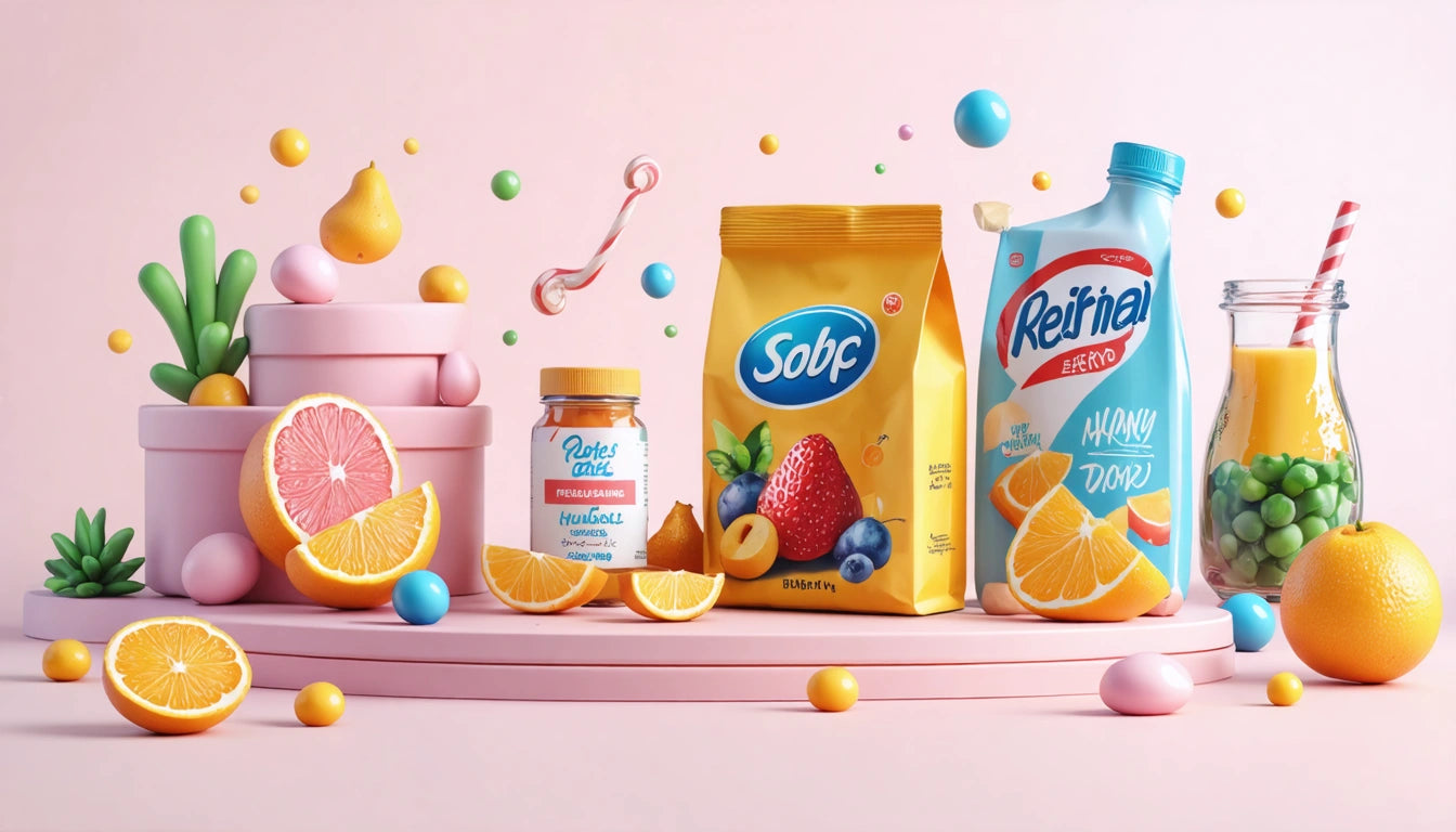 Pink platform with juice cartons, fruit slices, and colorful spheres. Grapefruit, orange, and lemon slices scattered around