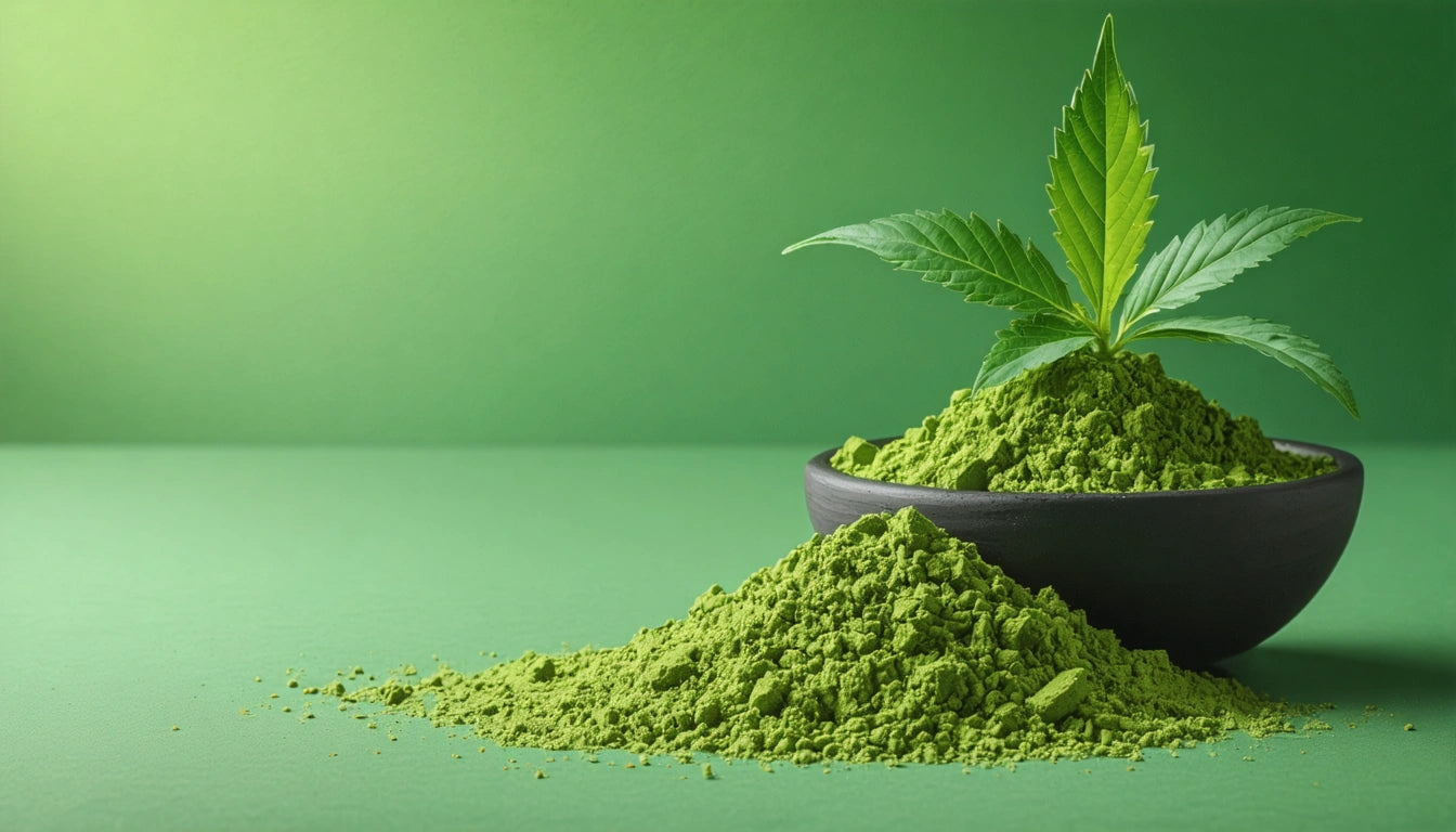 Bowl filled with green powder, topped with a green leaf, next to a mound of the same powder on a green surface